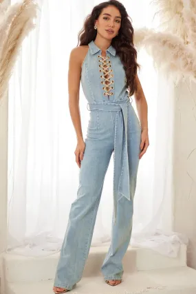 Light DENIM WASHED Gold Lace up JUMPSUIT