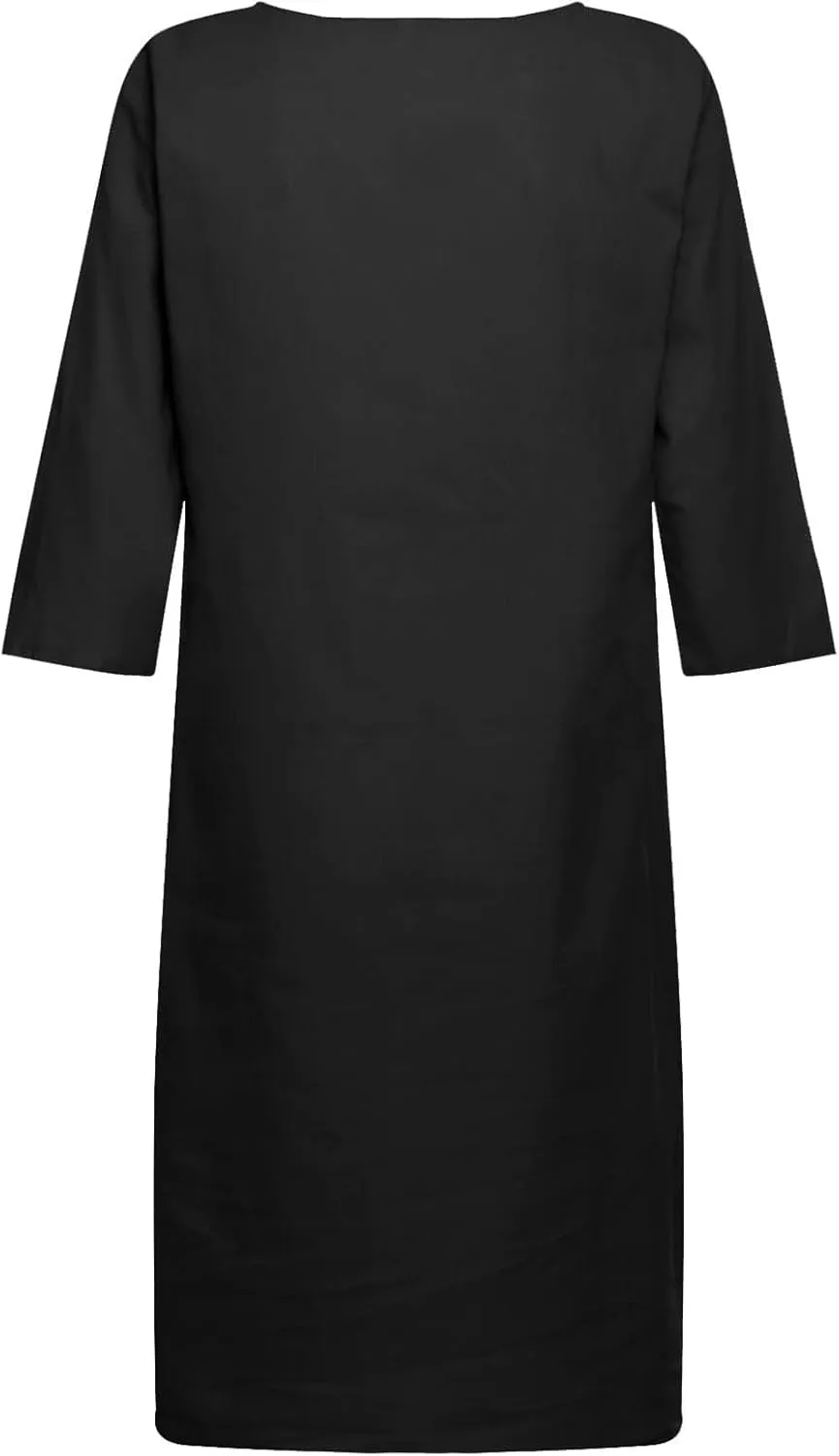 Linen Dresses for Women 2025 Elegant 1/2 Sleeve V-Neck T Shirts Dress Casual Loose Solid Slim Business Vacation Dress