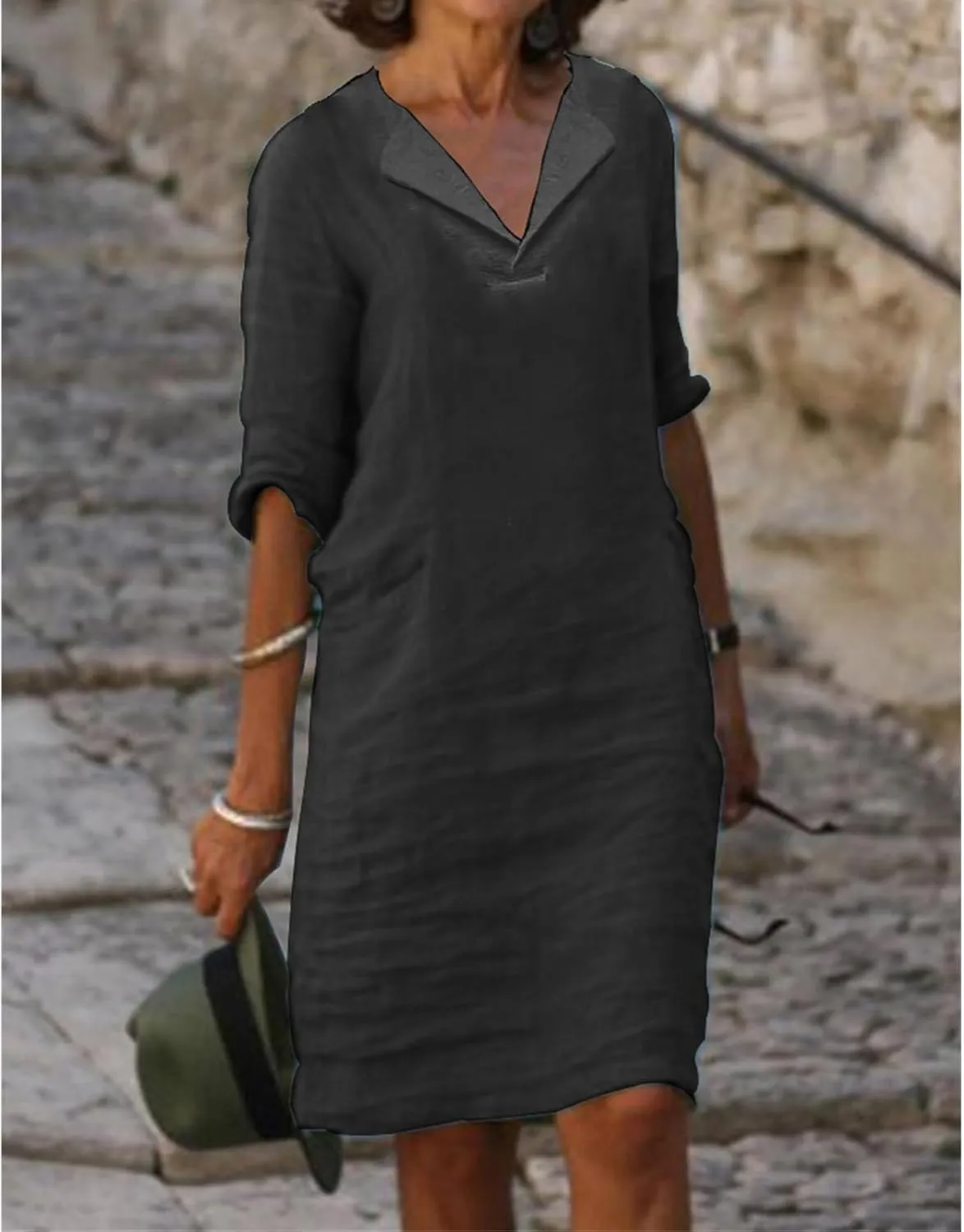 Linen Dresses for Women 2025 Elegant 1/2 Sleeve V-Neck T Shirts Dress Casual Loose Solid Slim Business Vacation Dress