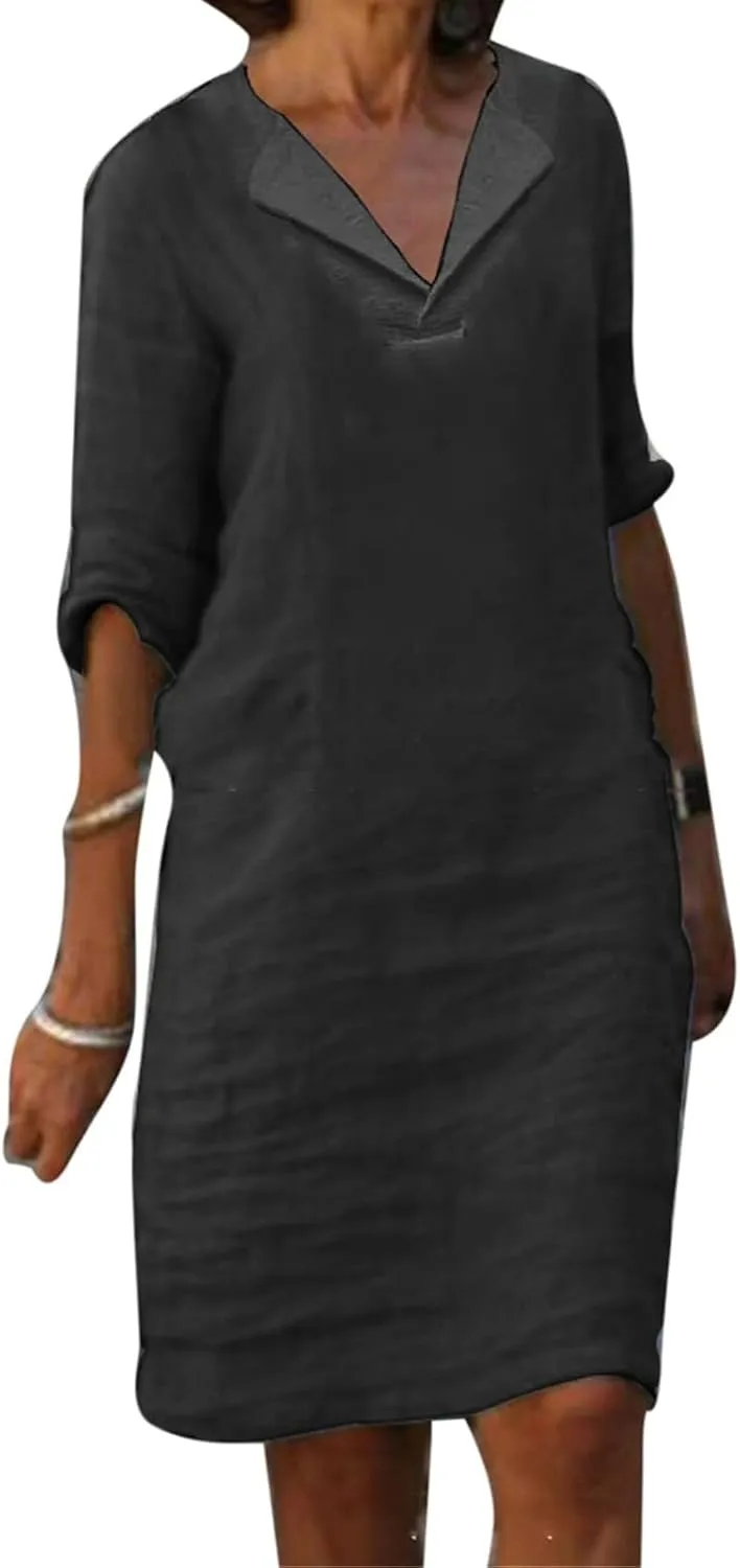 Linen Dresses for Women 2025 Elegant 1/2 Sleeve V-Neck T Shirts Dress Casual Loose Solid Slim Business Vacation Dress
