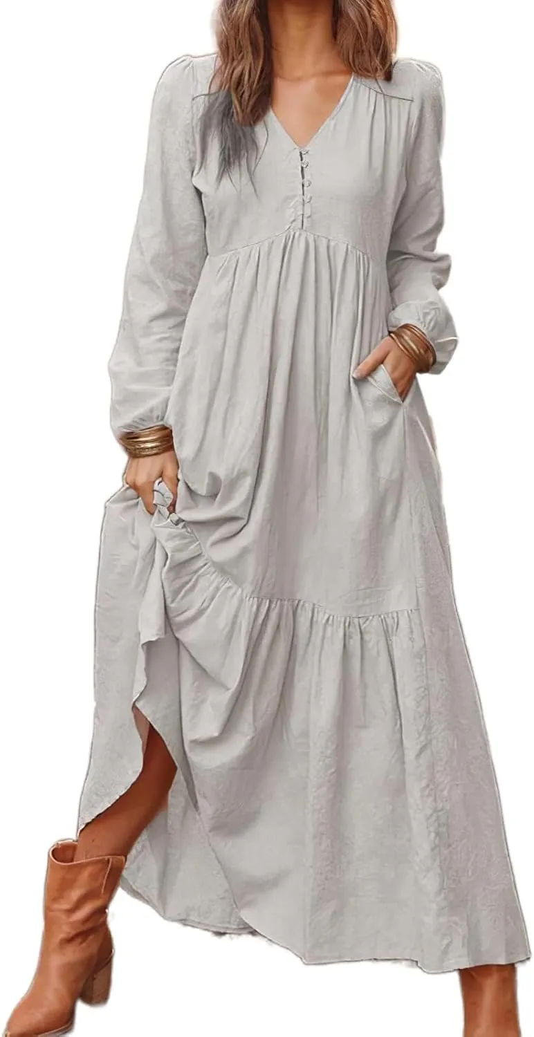 Linen Maxi Dress for Women Long Boho Dresses Casual Long Sleeve V Neck Dress Flowy Beach Pleated Sundress with Pockets