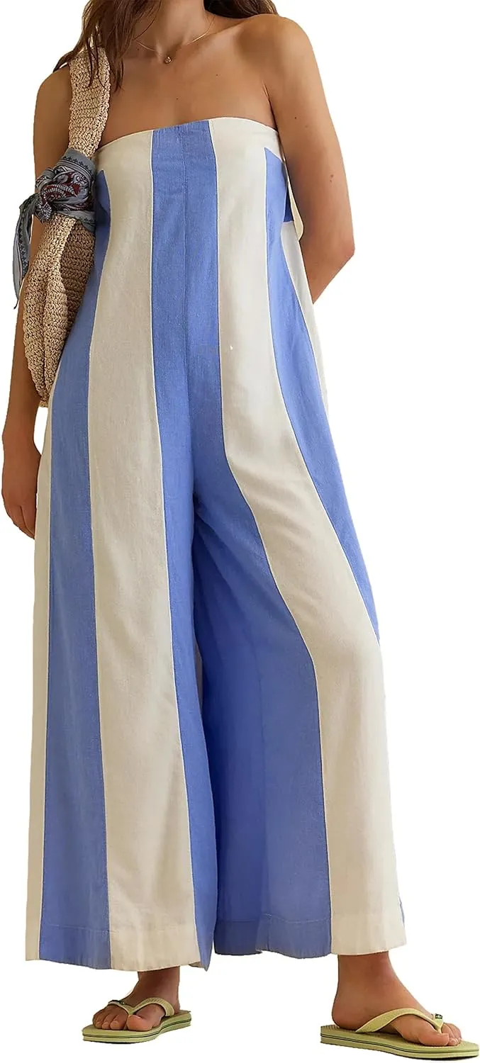 Linen Summer Wide Leg Jumpsuits Women Strapless Striped Long Rompers 2025 Palazzo Pant One Piece Outfits with Pockets
