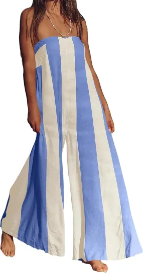 Linen Summer Wide Leg Jumpsuits Women Strapless Striped Long Rompers 2025 Palazzo Pant One Piece Outfits with Pockets