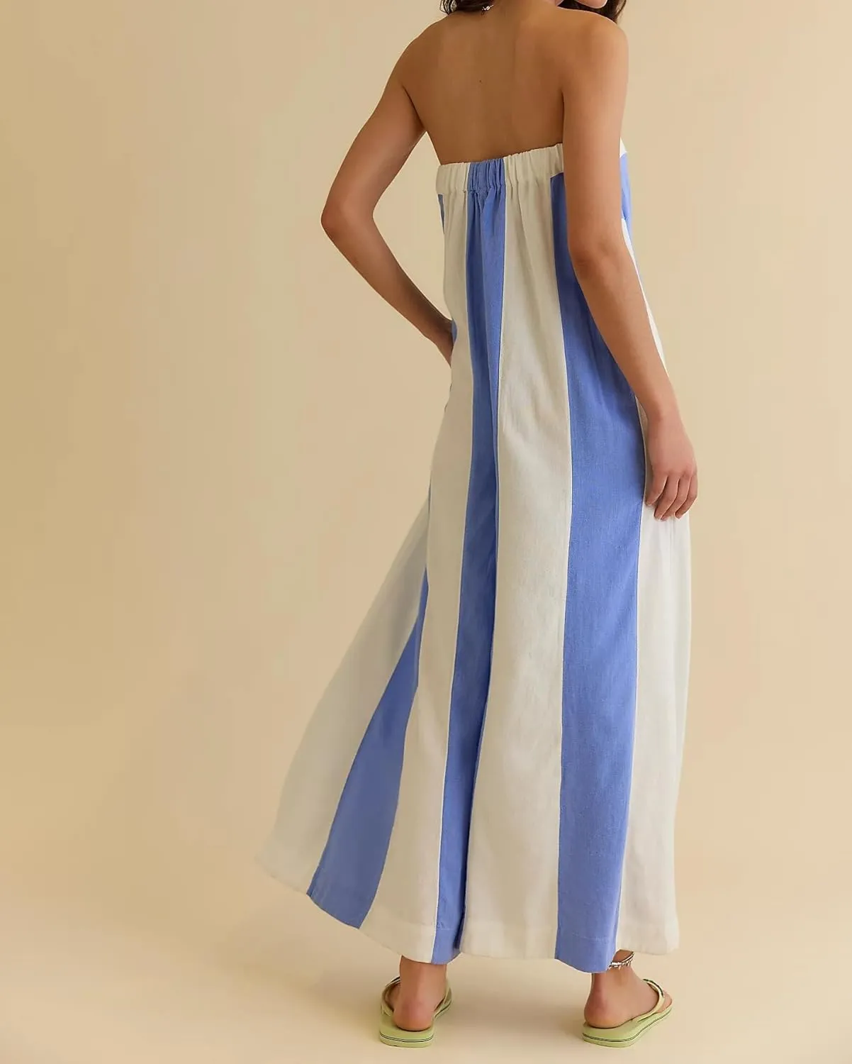 Linen Summer Wide Leg Jumpsuits Women Strapless Striped Long Rompers 2025 Palazzo Pant One Piece Outfits with Pockets