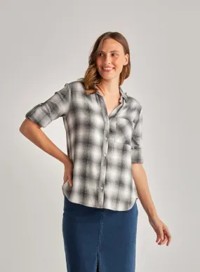 Long Sleeve Shirt Tail Button Down - White & Black Plaid
