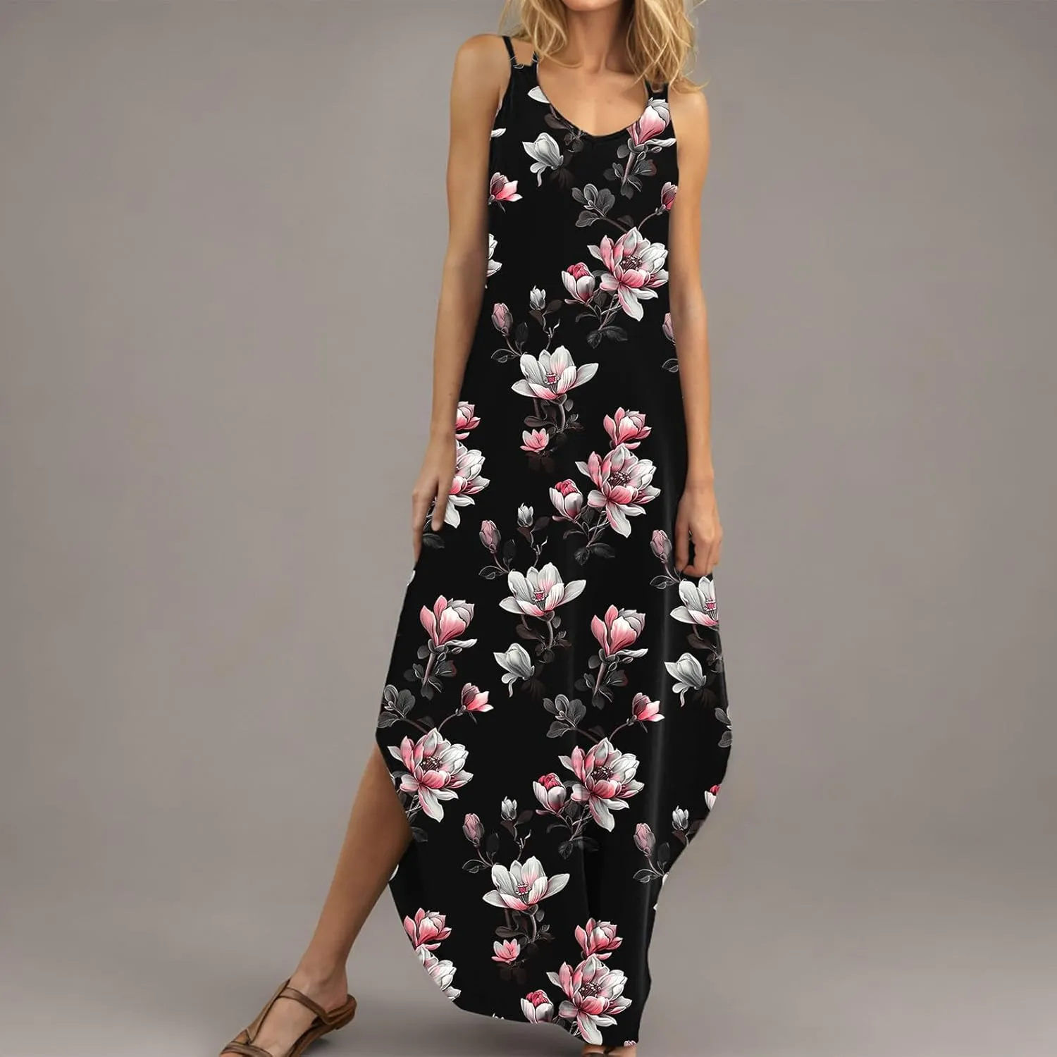 Maxi Dresses for Women 2025 Spaghetti Strap Sleeveless Floral Dress Boho Beach Vacation Sundress Resort Wear