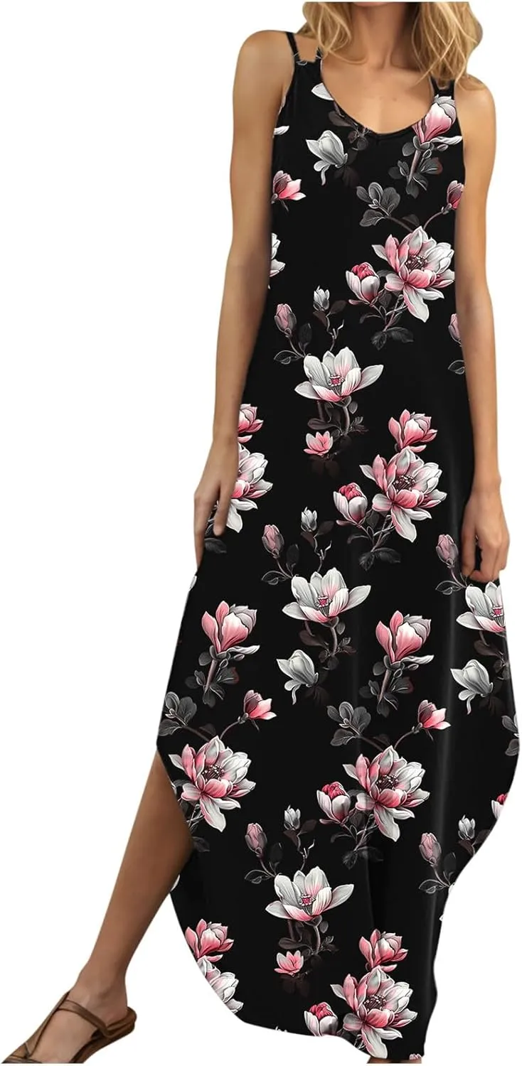 Maxi Dresses for Women 2025 Spaghetti Strap Sleeveless Floral Dress Boho Beach Vacation Sundress Resort Wear