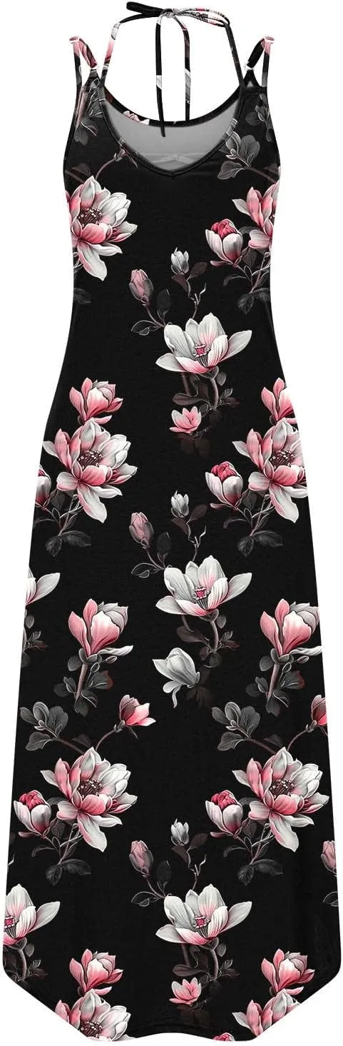 Maxi Dresses for Women 2025 Spaghetti Strap Sleeveless Floral Dress Boho Beach Vacation Sundress Resort Wear