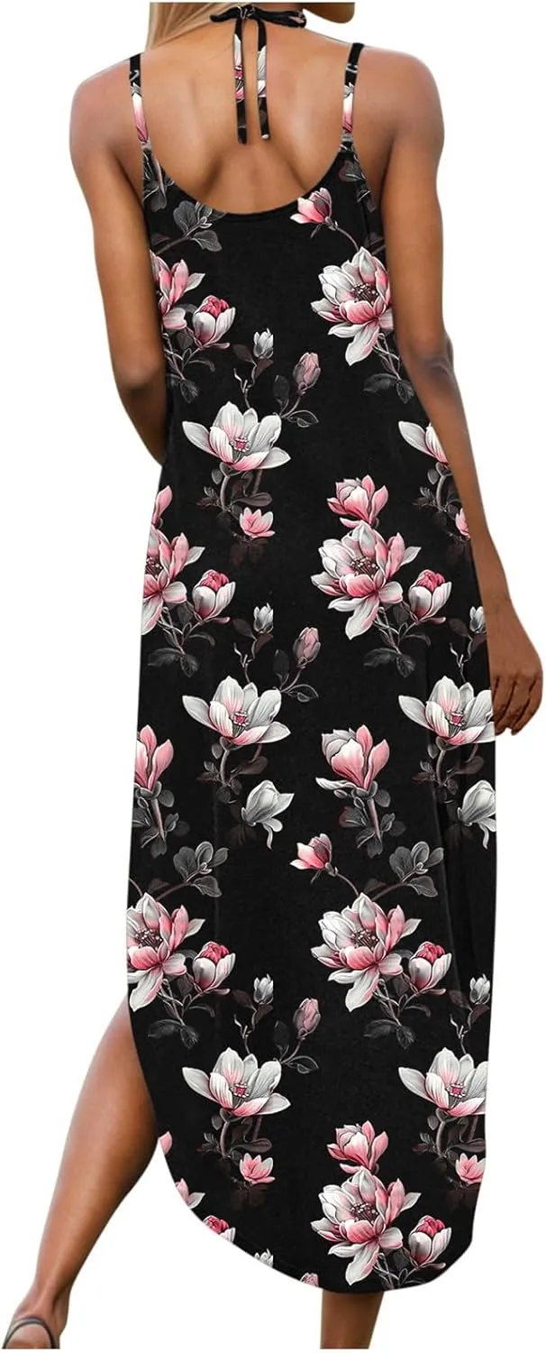 Maxi Dresses for Women 2025 Spaghetti Strap Sleeveless Floral Dress Boho Beach Vacation Sundress Resort Wear