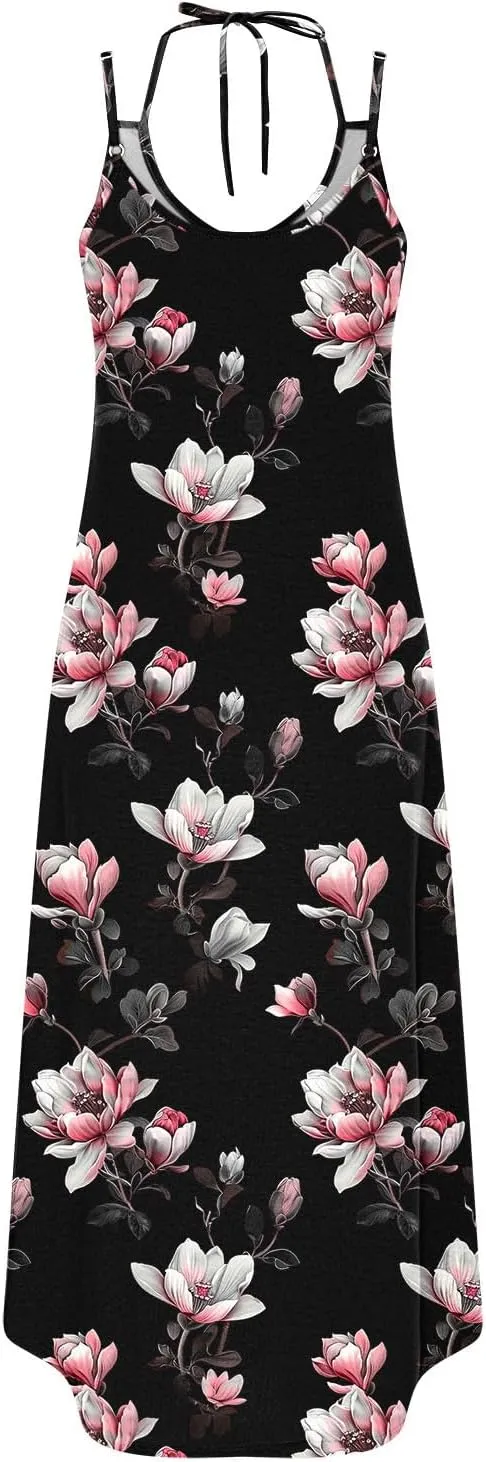 Maxi Dresses for Women 2025 Spaghetti Strap Sleeveless Floral Dress Boho Beach Vacation Sundress Resort Wear