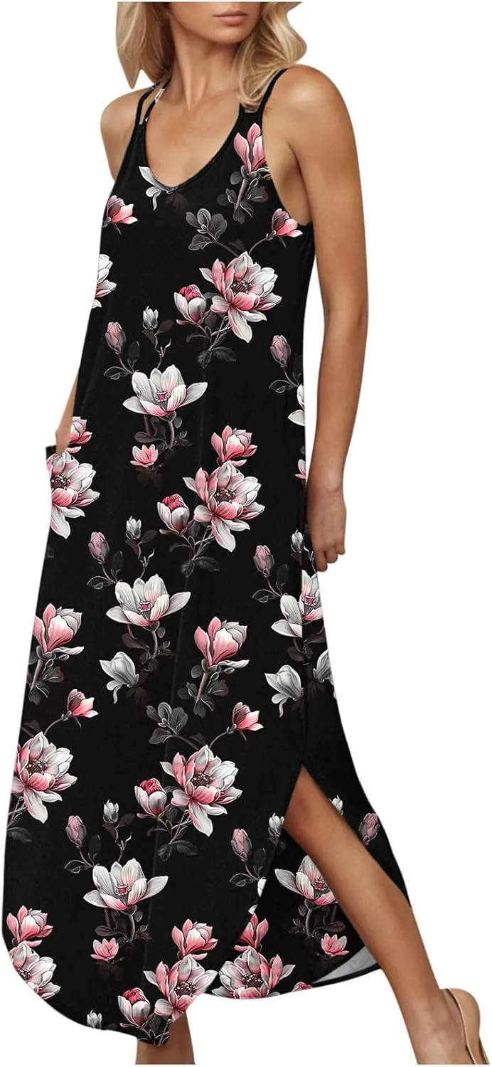 Maxi Dresses for Women 2025 Spaghetti Strap Sleeveless Floral Dress Boho Beach Vacation Sundress Resort Wear