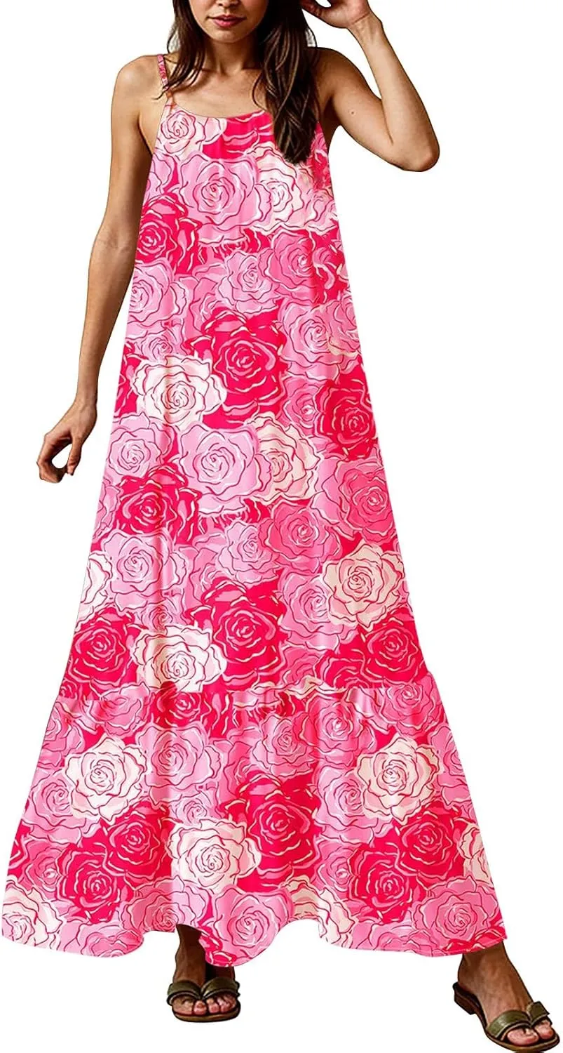 Maxi Sundresses for Women 2025 Boho Spaghetti Strap Crew Neck Beach Sundress Casual Summer Flowy Hawaiian Dresses