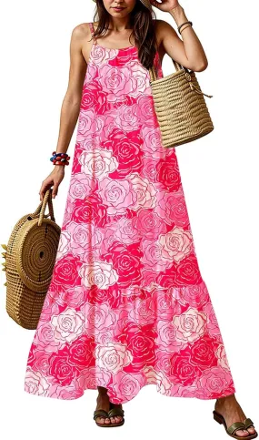 Maxi Sundresses for Women 2025 Boho Spaghetti Strap Crew Neck Beach Sundress Casual Summer Flowy Hawaiian Dresses
