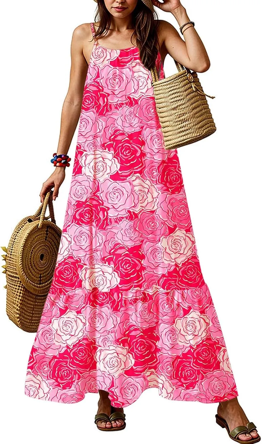 Maxi Sundresses for Women 2025 Boho Spaghetti Strap Crew Neck Beach Sundress Casual Summer Flowy Hawaiian Dresses
