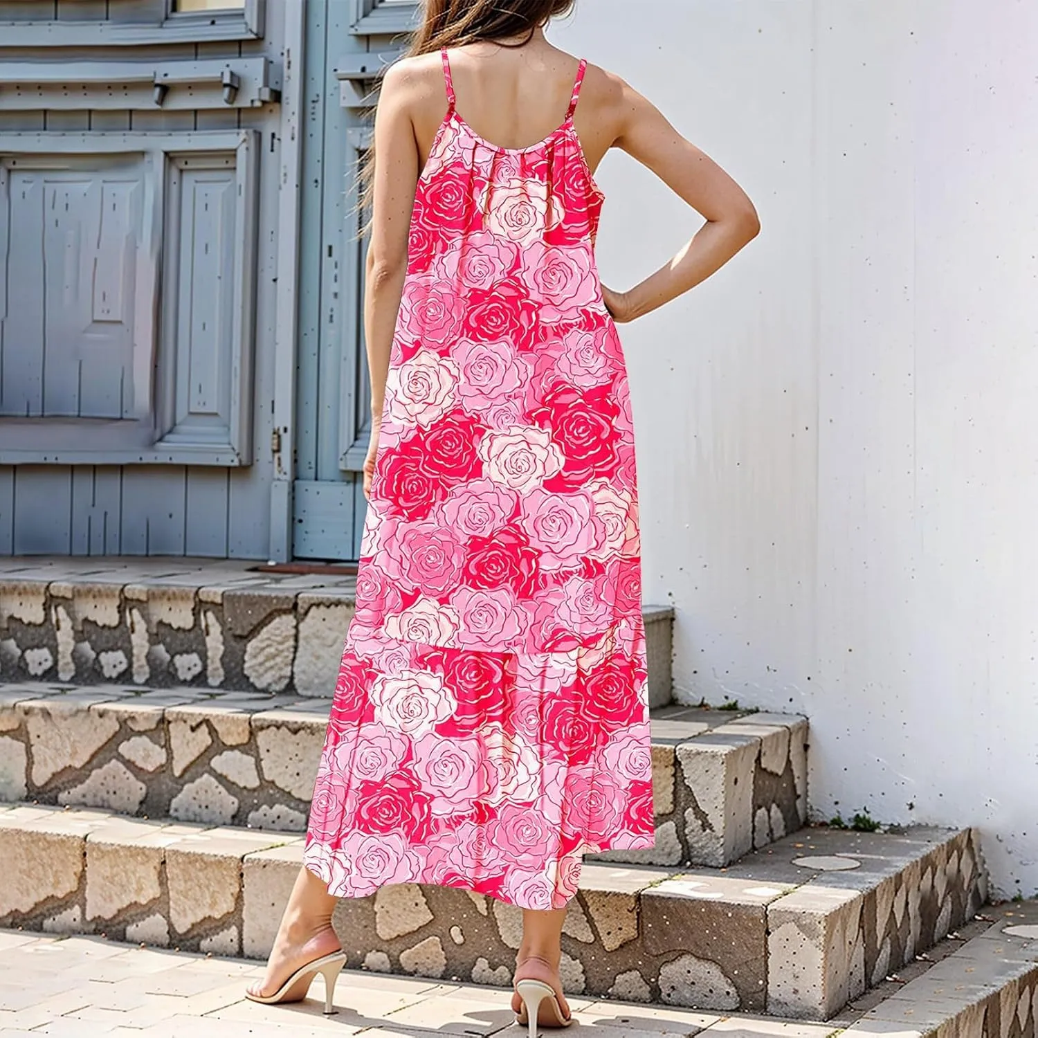 Maxi Sundresses for Women 2025 Boho Spaghetti Strap Crew Neck Beach Sundress Casual Summer Flowy Hawaiian Dresses