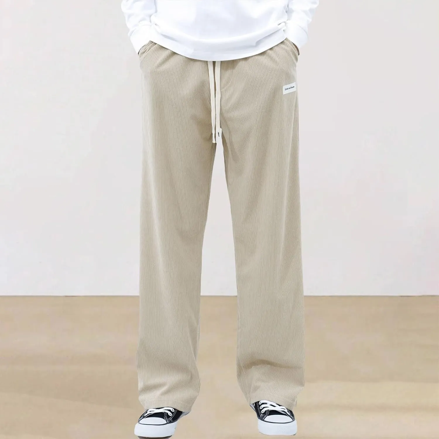Men's Casual Corduroy Pants Elastic Waist Drawstring Harem Pants Fashion Loose Casual Long Trousers with Pockets