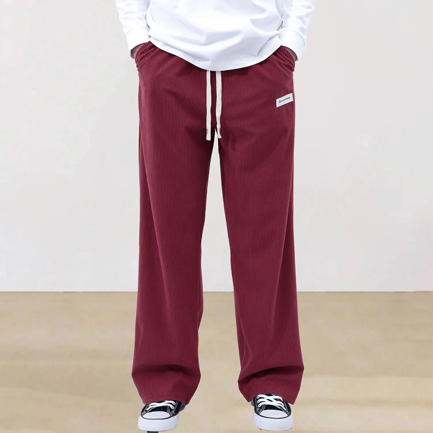 Men's Casual Corduroy Pants Elastic Waist Drawstring Harem Pants Fashion Loose Casual Long Trousers with Pockets