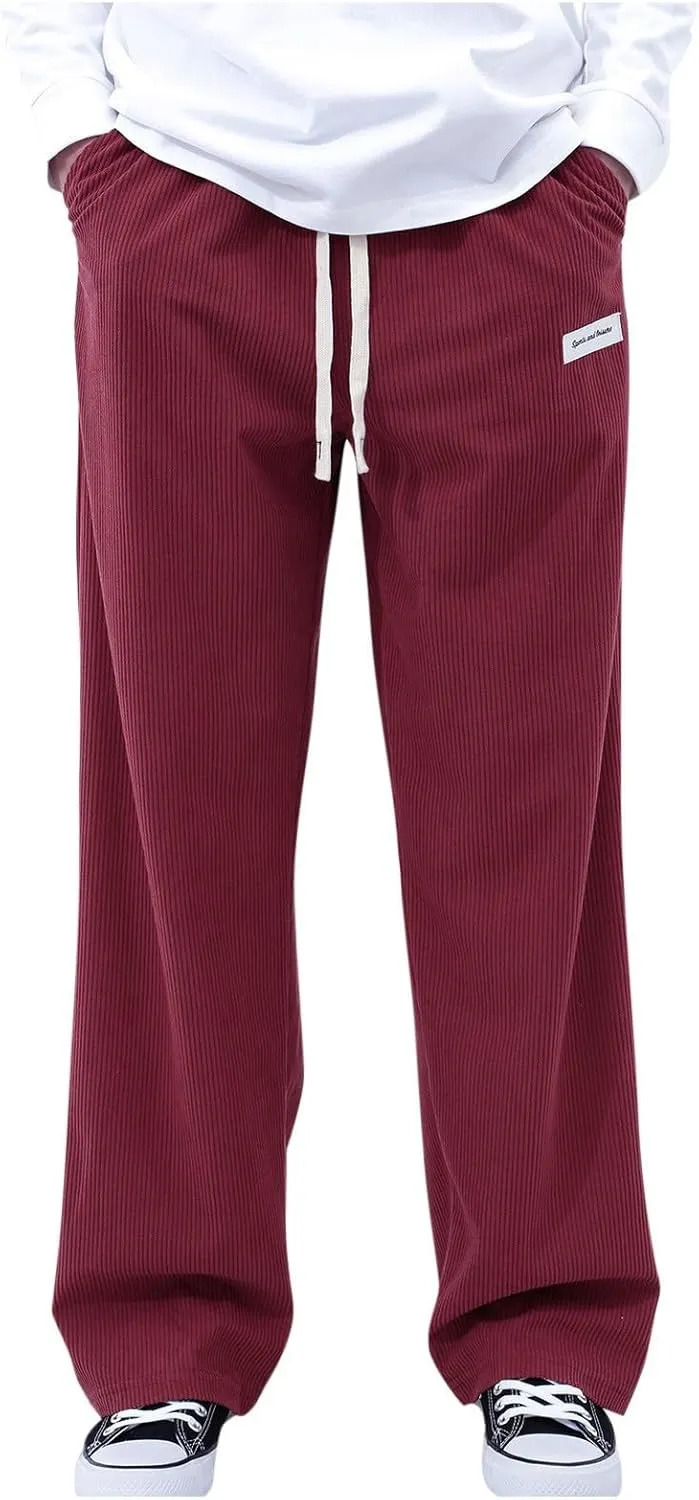 Men's Casual Corduroy Pants Elastic Waist Drawstring Harem Pants Fashion Loose Casual Long Trousers with Pockets