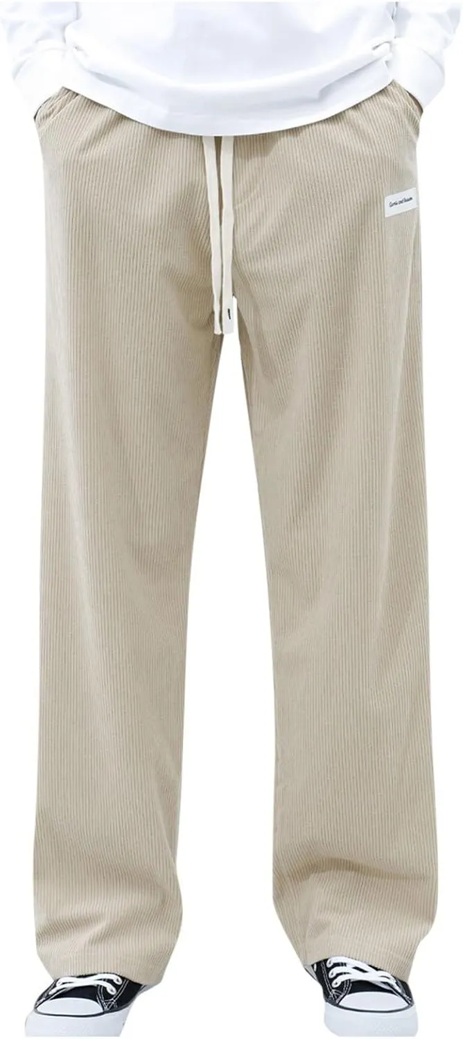 Men's Casual Corduroy Pants Elastic Waist Drawstring Harem Pants Fashion Loose Casual Long Trousers with Pockets