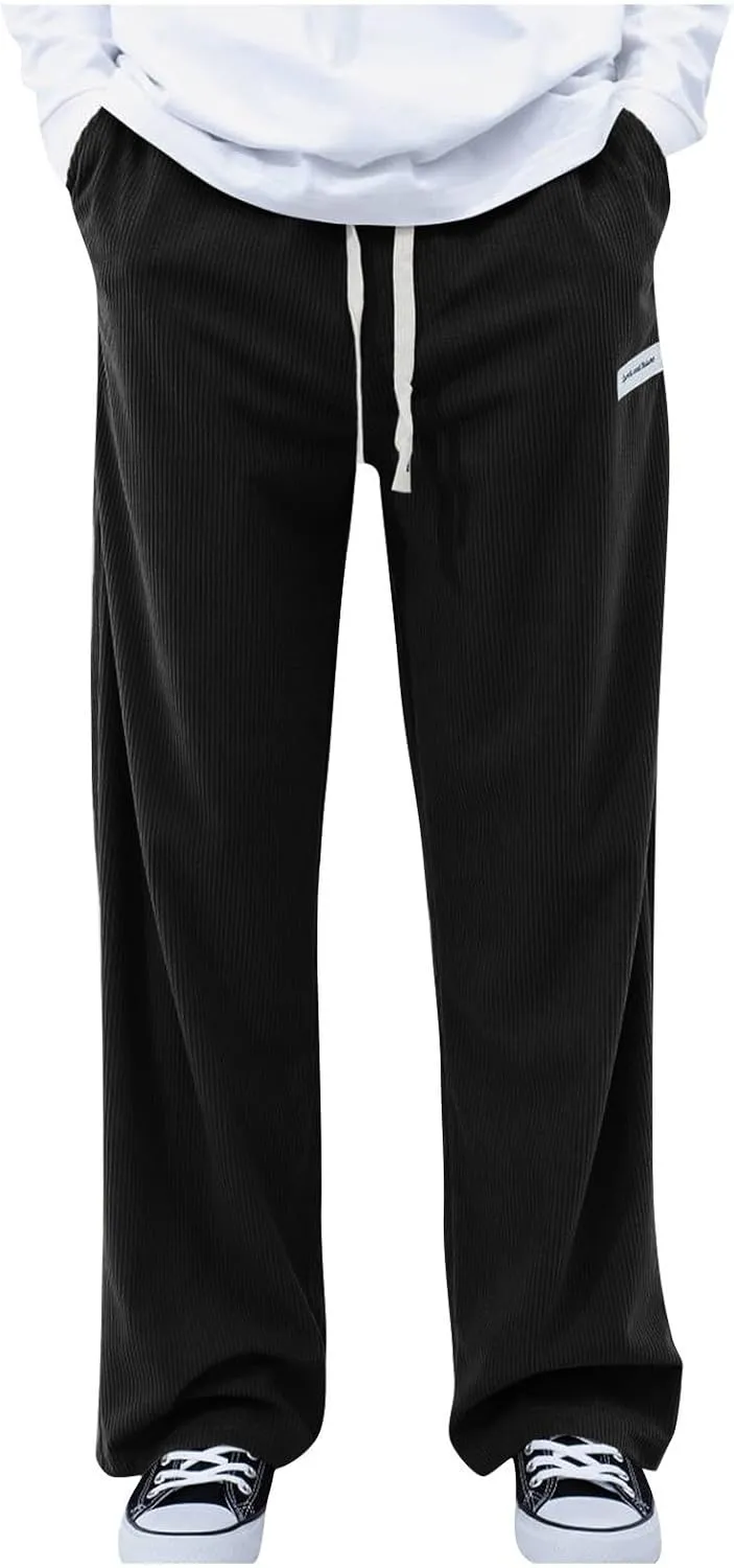 Men's Casual Corduroy Pants Elastic Waist Drawstring Harem Pants Fashion Loose Casual Long Trousers with Pockets