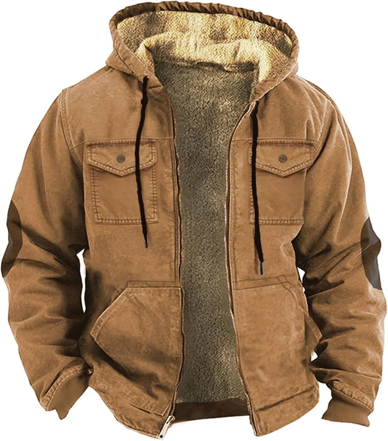 Mens Retro Fleece Lined Hooded Jackets Sherpa Thicken Winter Hoodies Full Zip Long Sleeve Soft Warm Coat with Pockets