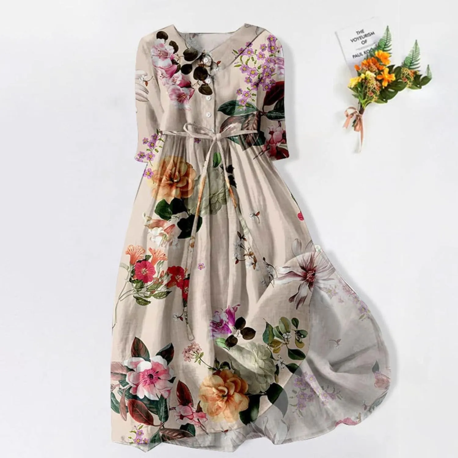 Midi Dresses for Women Button Down Floral Print Cotton Casual Dress with Belt Half Sleeve Empire Waist Summer Dress