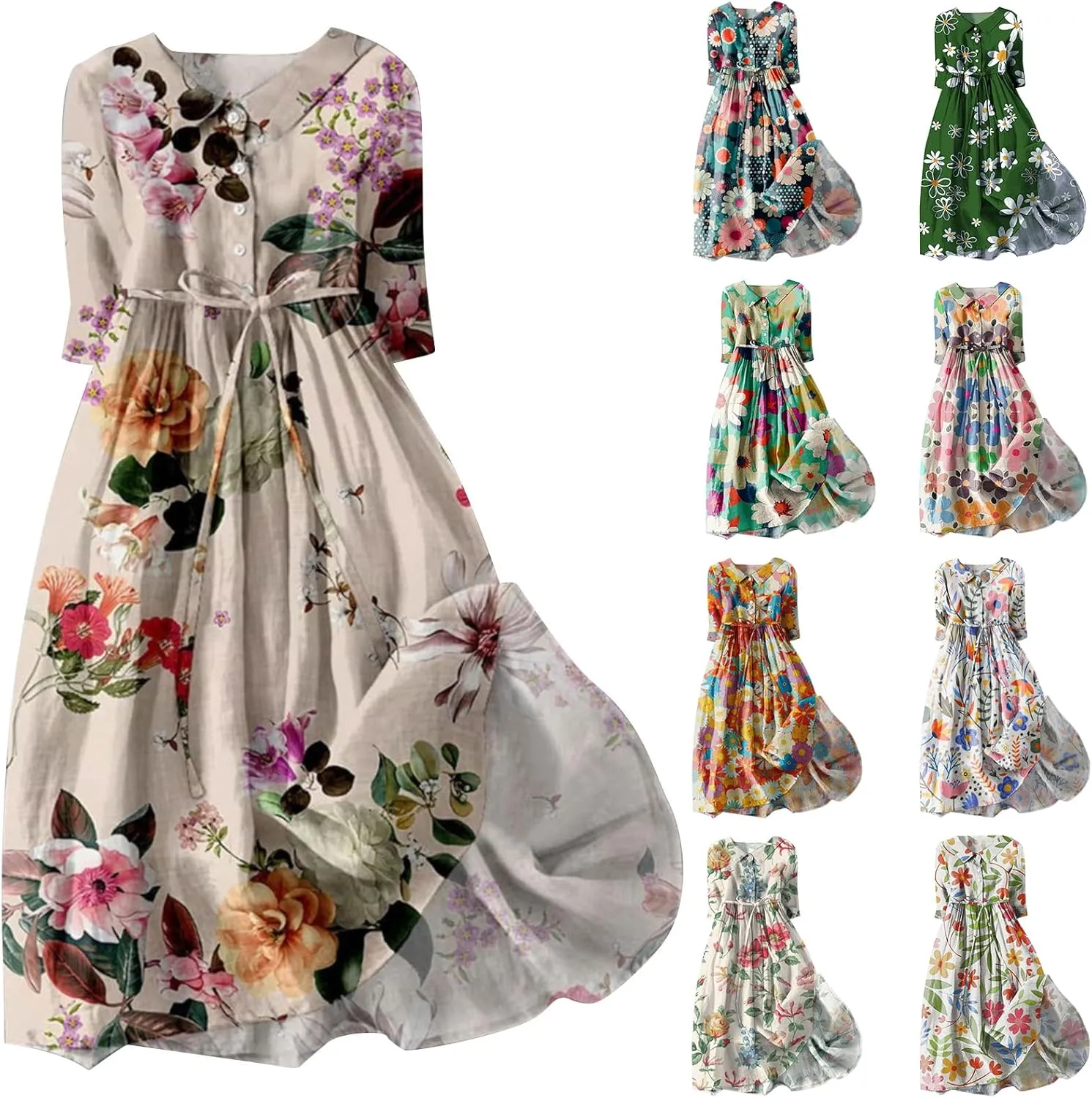 Midi Dresses for Women Button Down Floral Print Cotton Casual Dress with Belt Half Sleeve Empire Waist Summer Dress