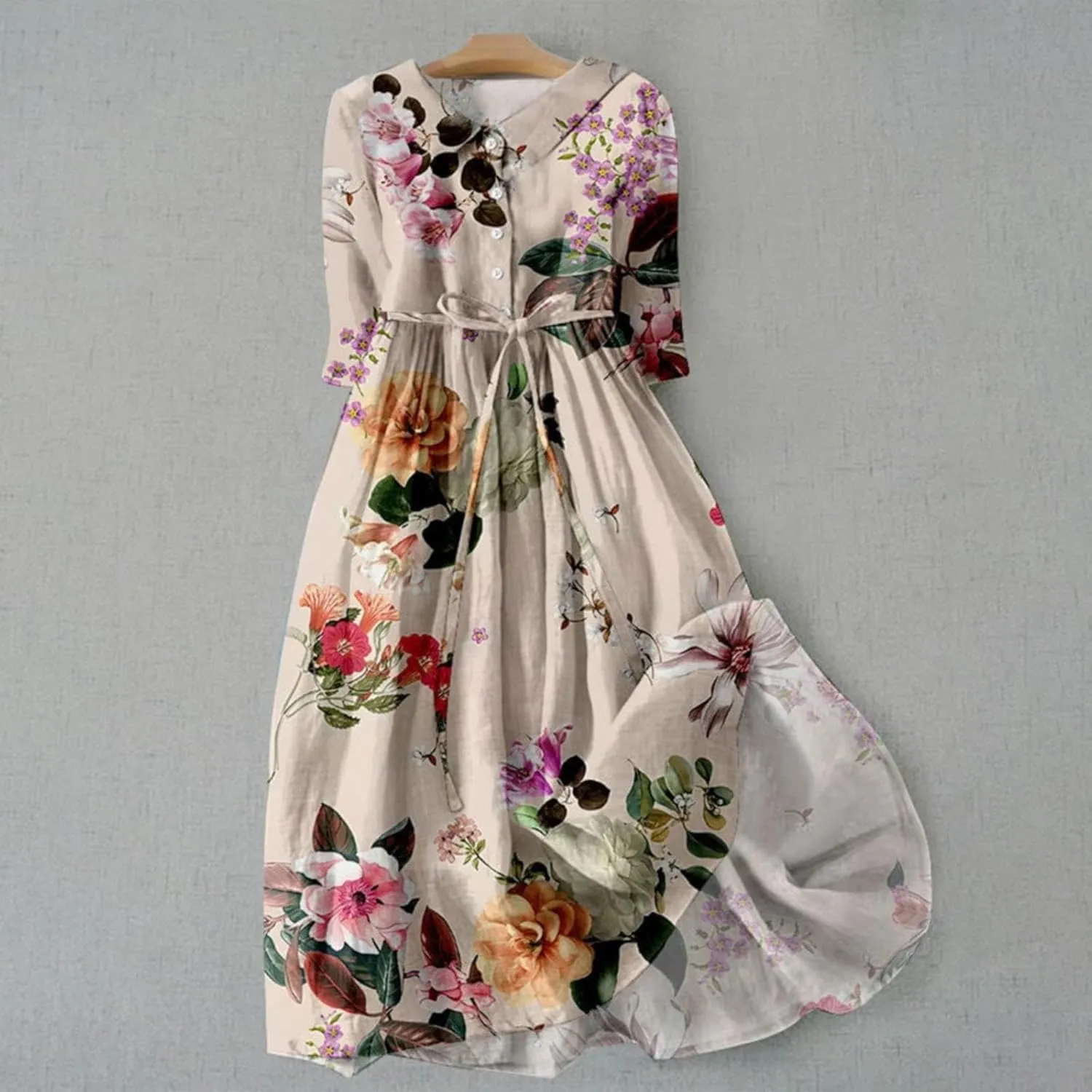 Midi Dresses for Women Button Down Floral Print Cotton Casual Dress with Belt Half Sleeve Empire Waist Summer Dress