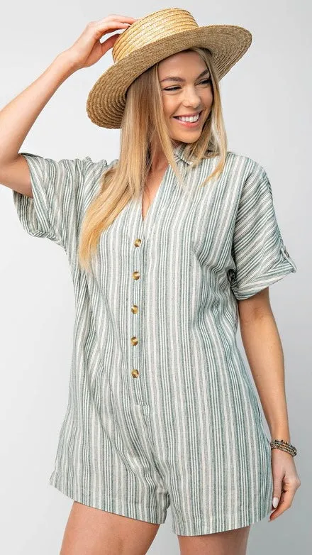 Mixed Stripe Collared Romper w/Pockets