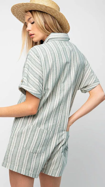 Mixed Stripe Collared Romper w/Pockets