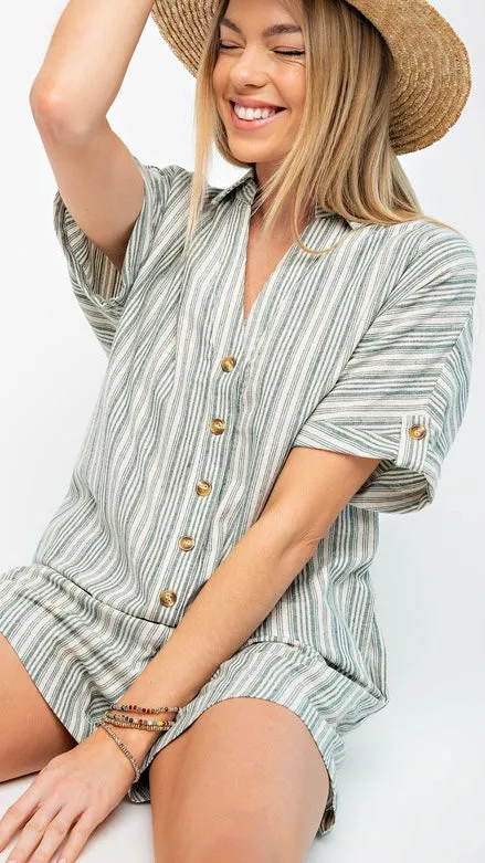 Mixed Stripe Collared Romper w/Pockets