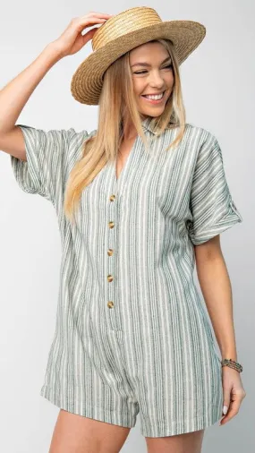 Mixed Stripe Collared Romper w/Pockets