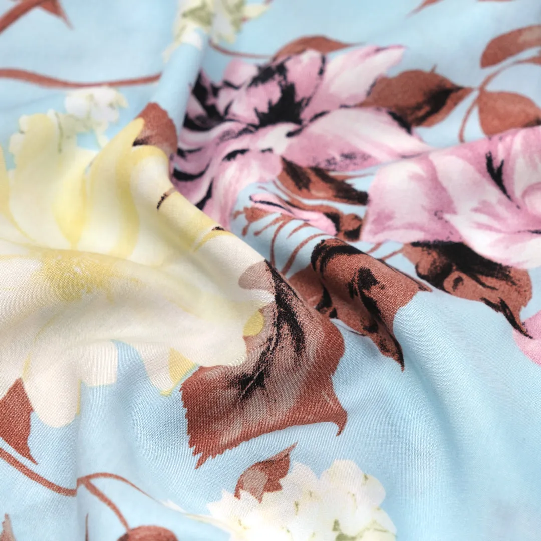 Pastel Roses Rayon Voile - Pale Blue