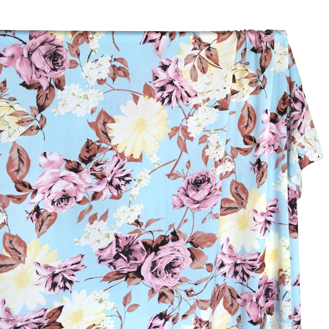 Pastel Roses Rayon Voile - Pale Blue