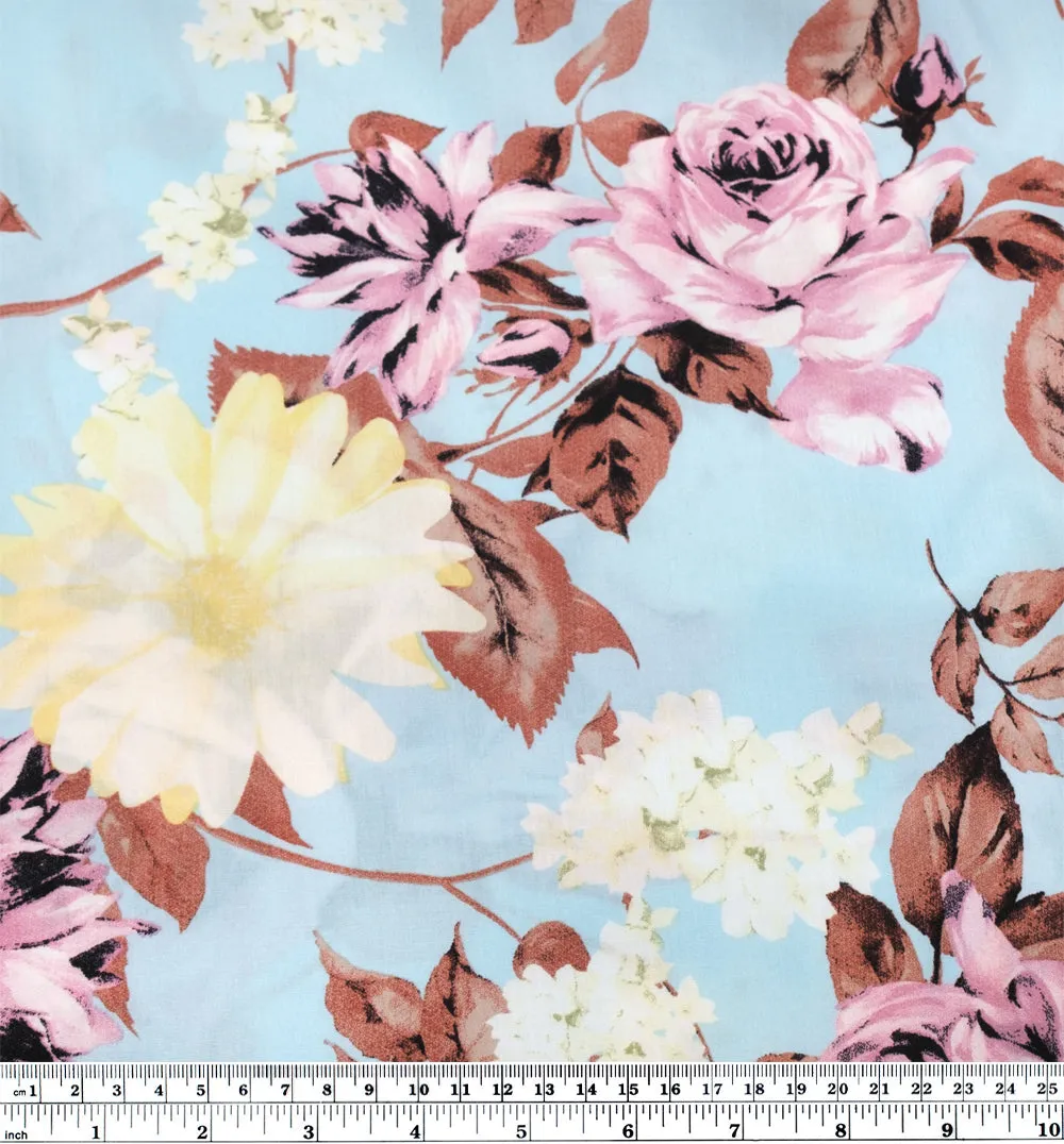 Pastel Roses Rayon Voile - Pale Blue
