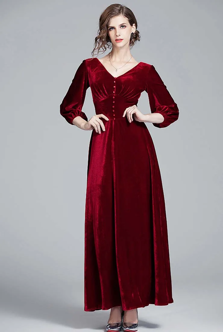 Red Velvet Long Sleeve V-neck Wedding Guest Maxi Dress