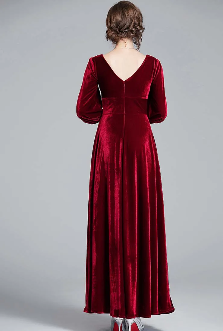 Red Velvet Long Sleeve V-neck Wedding Guest Maxi Dress