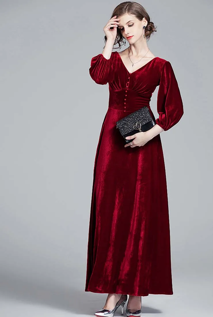 Red Velvet Long Sleeve V-neck Wedding Guest Maxi Dress