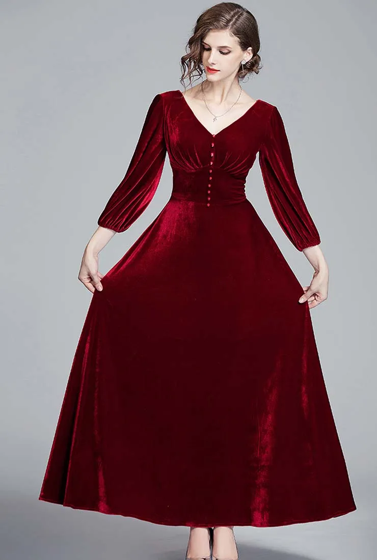 Red Velvet Long Sleeve V-neck Wedding Guest Maxi Dress