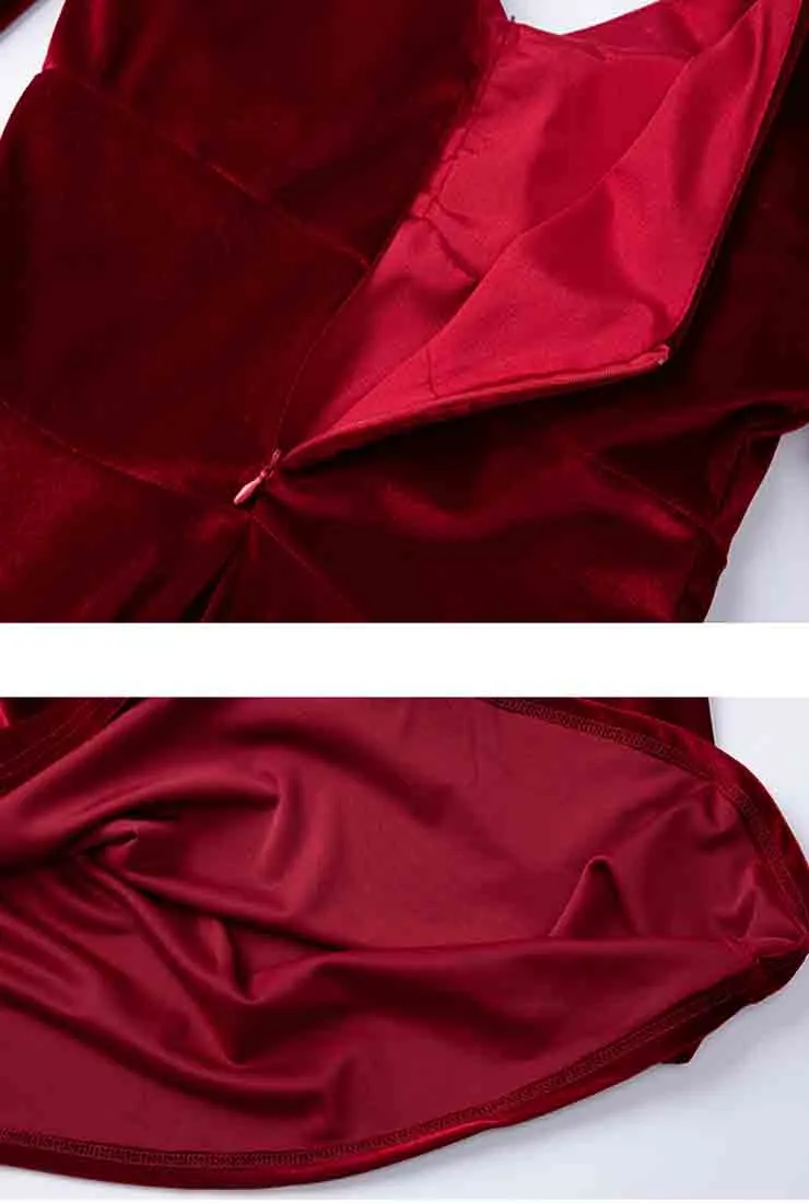 Red Velvet Long Sleeve V-neck Wedding Guest Maxi Dress