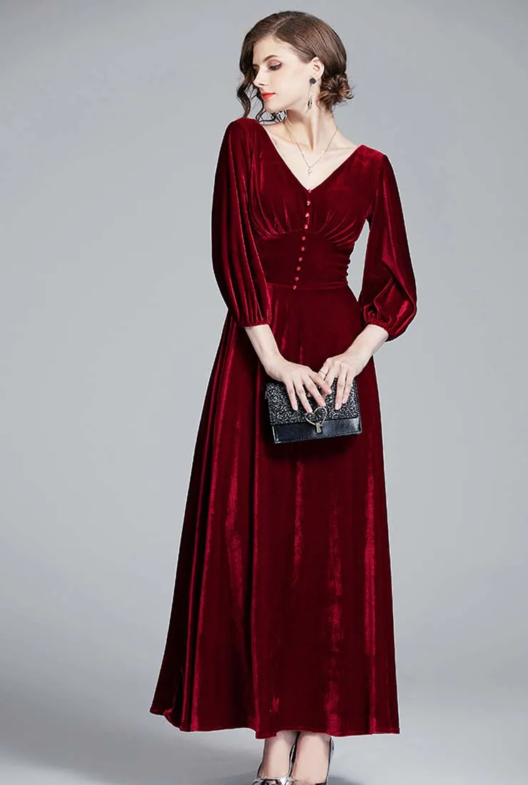 Red Velvet Long Sleeve V-neck Wedding Guest Maxi Dress