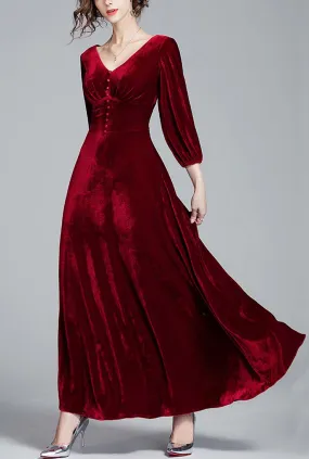 Red Velvet Long Sleeve V-neck Wedding Guest Maxi Dress