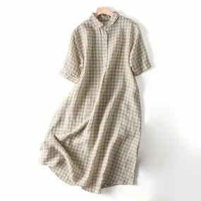 Retro Cotton Linen Shirt Long Dresses Ladies Short Sleeve Oversized Shirt Dress Korean Fashion Loose Lapel Sundress Y2k Clothing