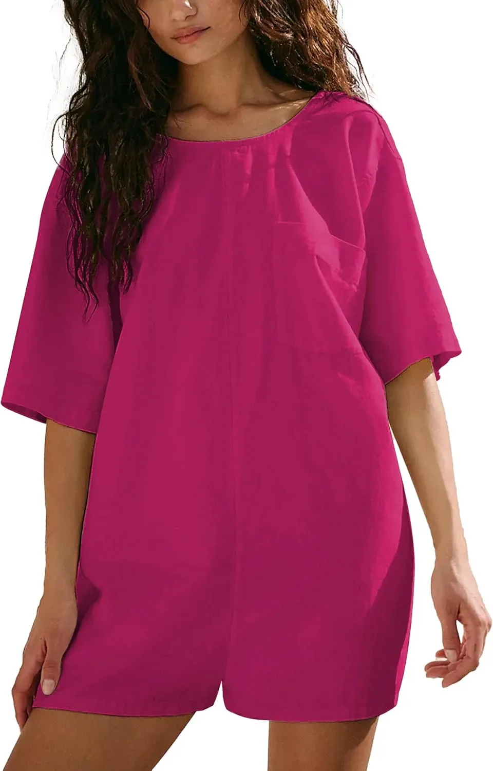 Rompers for Women 2025 Summer Casual Oversized Short Sleeves Athletic Workout Hot Shot Tee Romper Pockets