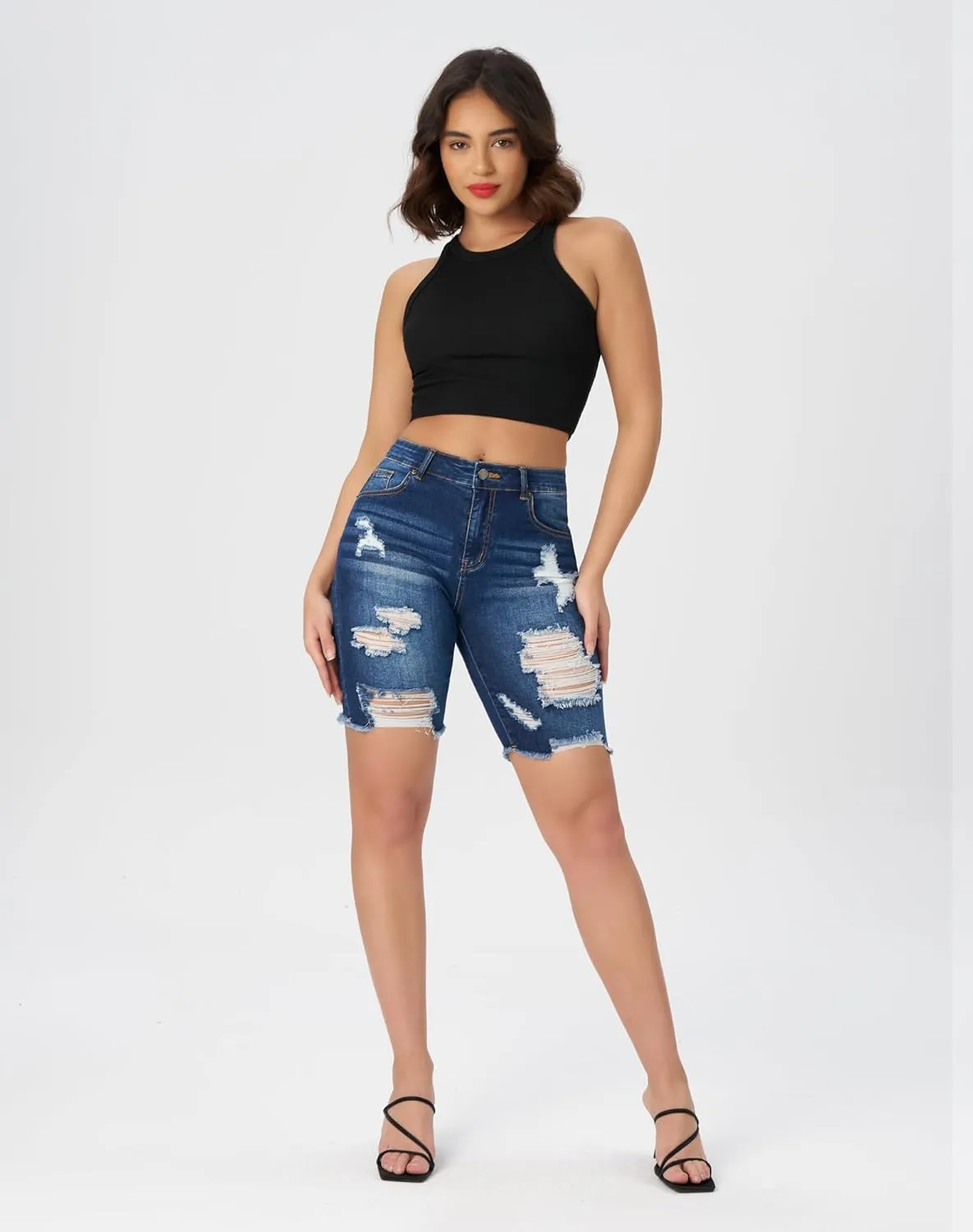 roswear Women's High Waisted Ripped Bermuda Denim Shorts Stretchy Knee Length Jean Shorts