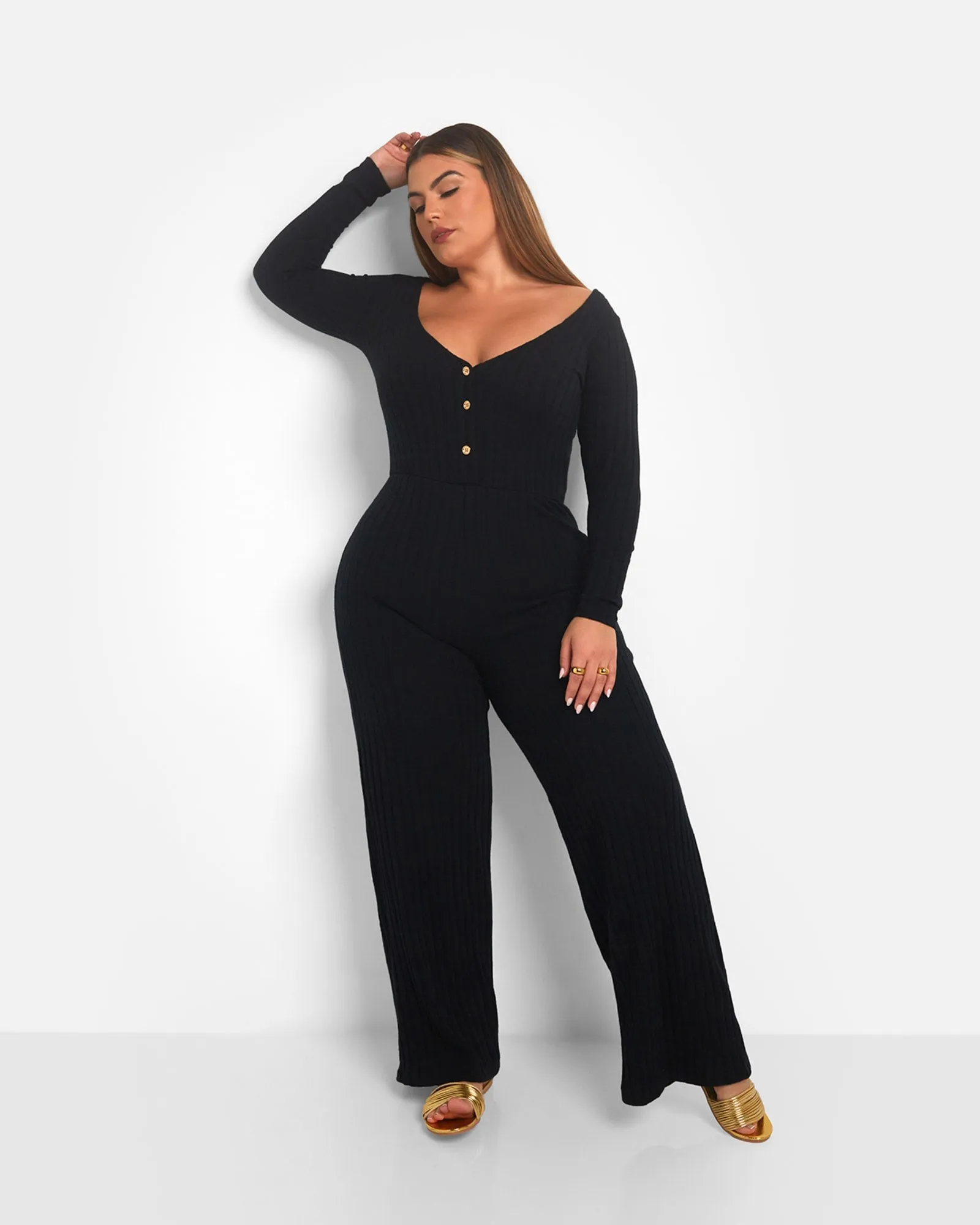 Ruby Ribbed Button Front Wide Leg Jumpsuit | Black