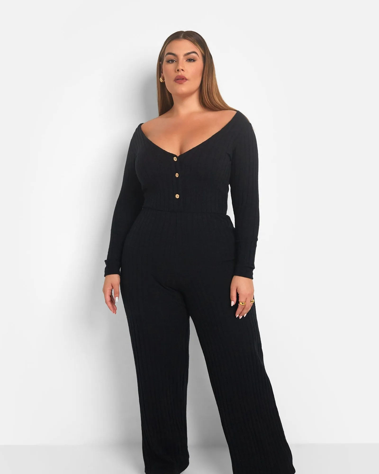 Ruby Ribbed Button Front Wide Leg Jumpsuit | Black