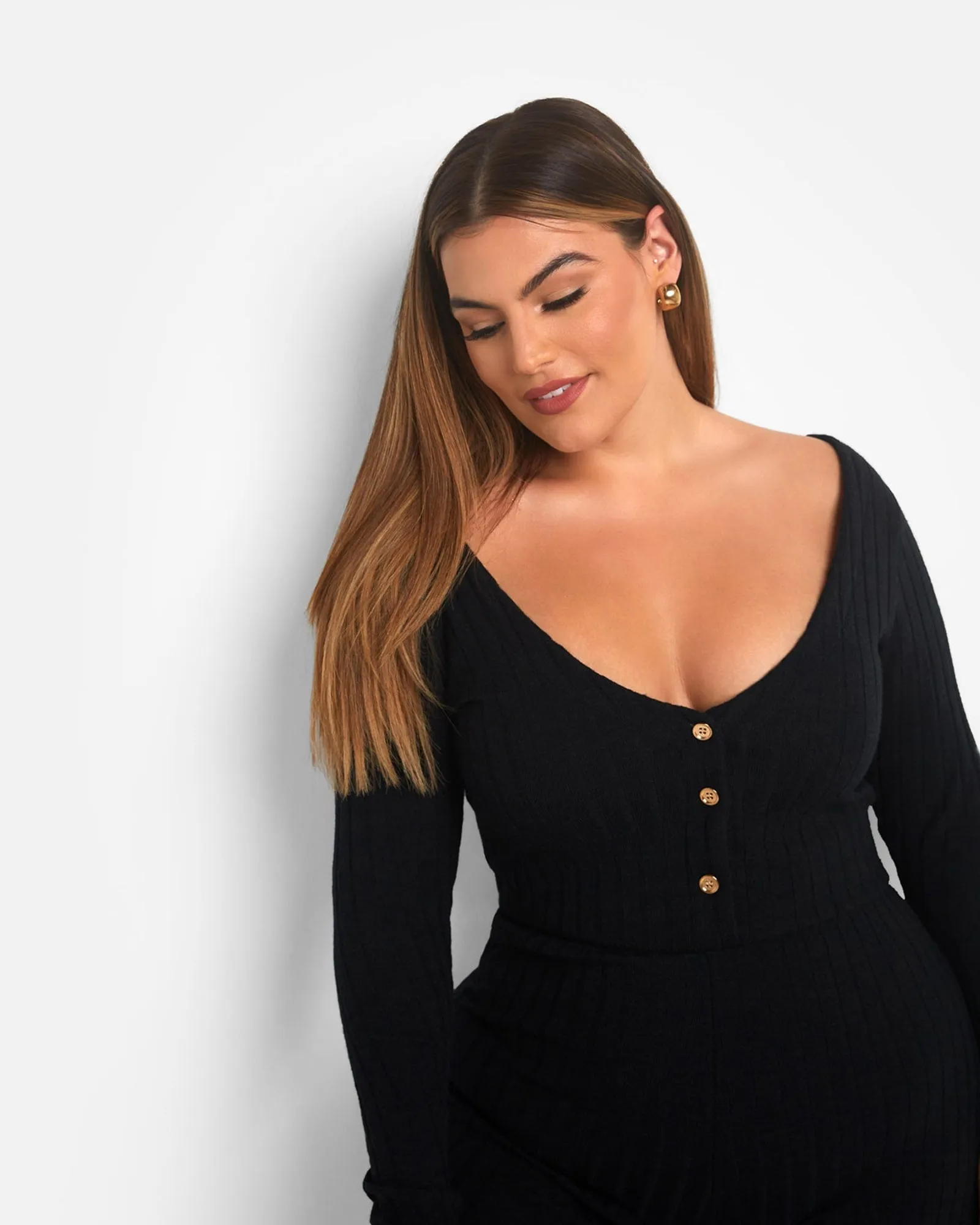 Ruby Ribbed Button Front Wide Leg Jumpsuit | Black