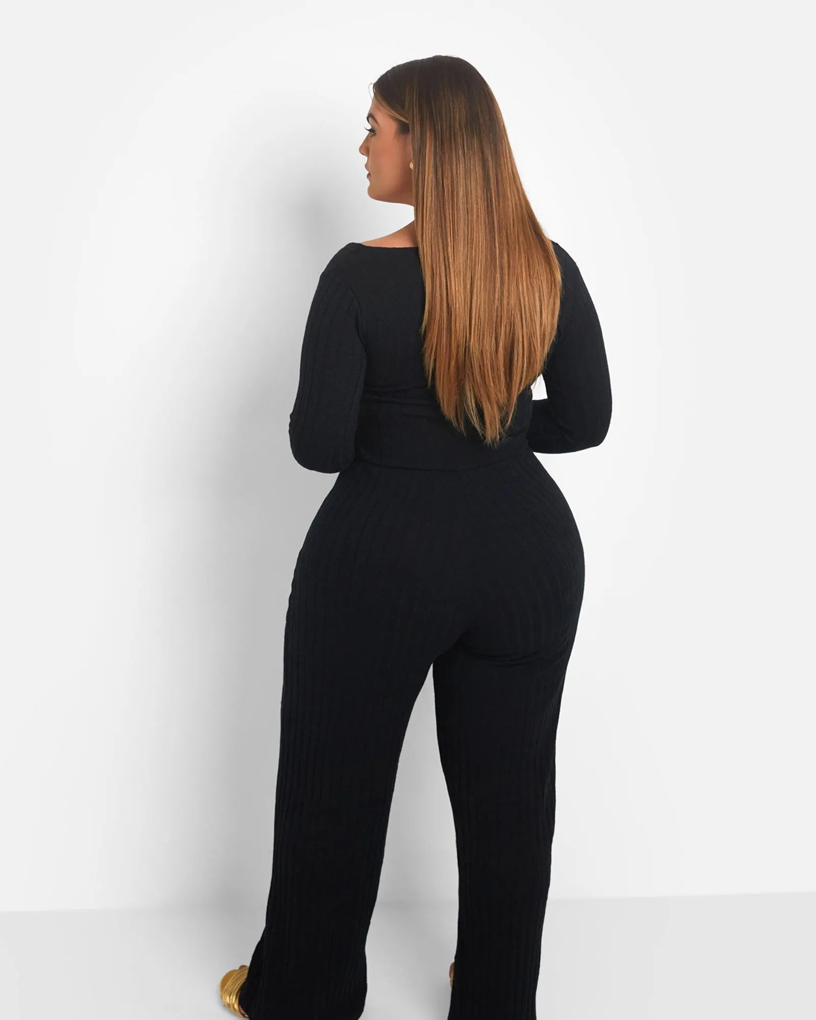 Ruby Ribbed Button Front Wide Leg Jumpsuit | Black