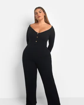 Ruby Ribbed Button Front Wide Leg Jumpsuit | Black